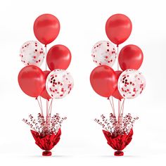 several red and white balloons in a vase with some baby's breath sprinkles