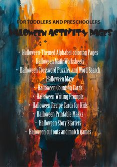 a poster with the words for children and preschoolers halloween activity pages written below it