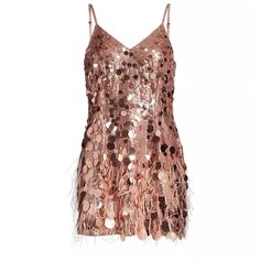 Sequin Minidress Styled With Large Paillettes And Whispy Feather Skirt Detail. V-Neck Spaghetti Straps Pullover Style 100% Polyester Dry Clean Imported Dress Rose Gold, Rose Gold Sequin Dress, Feather Skirt, Gold Sequin Dress, Rose Gold Sequin, Ramy Brook, Sequin Fabric, Gold Sequin, Sequin Dress