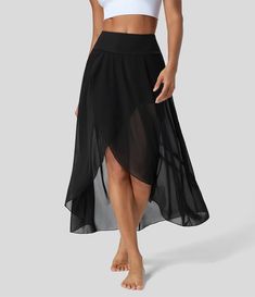 High Waisted High Low Ruffle 2-in-1 Side Pocket Flare Mesh Casual Regular Maxi Skirt Casual Maxi Skirt, Rosegal Plus Size, Mesh Maxi Skirt, Skirt Trends, High Low Skirt, Golf Skirts, Mesh Skirt, Bleach Wash, Skirt White