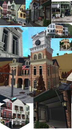 multiple images of different buildings and streets in the same image, each with a clock tower