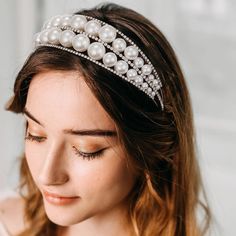 PRICES MAY VARY. 🌼Material:Bridal hair piece is made of double row big pearls and triplex row clear rhinestones.100% handmade and meticulously crafted. 🌼Size:Pearl headband is 4.92" * 1.97", weight is 0.24 lb.Set on flexible metal, it can be gently shaped to suit your hair perfectly.(Free bobby pins) 🌼Features:Pearl headband which looks great with loose waves or a slicked back ponytail.Stable and non-slip, it will not fall off easily. 🌼Occasion:Brial hair accessories perfectly fit for weddin Princess Tiaras, Crowns For Women, Pearl Hair Piece, Wedding Tiaras, Headband Vintage, Headpiece Accessories, Silver Hair Comb, Pearl Bridal Headband, Crown For Women