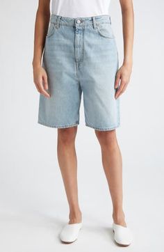 A low-rise waist and longline silhouette define nonstretch denim shorts crafted from organic cotton with a logo-embossed back patch. 8 1/2" inseam; 22" leg opening; 15" front rise; 16 1/2" back rise (size 29) Zip fly with button closure Front slant pockets; back patch pockets 100% organic cotton Machine wash, dry flat Made in Italy Designer Clothing This brand has B Corp certification, representing business practices with emphasis on social and environmental performance, accountability and trans Classic Jean Shorts With Five Pockets, Classic Five Pocket Jean Shorts, Denim Knee-length Shorts With Belt Loops, Classic Five Pockets Short Length Shorts, Classic Shorts With Five Pockets, Classic Jean Shorts With Belt Loops, Relaxed Fit Shorts With Five Pockets, Medium Wash Shorts With Five Pockets, Relaxed Fit Rigid Denim Jeans In Short Length