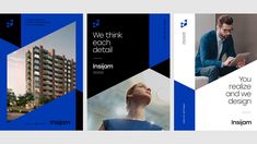 three different brochures designed to look like an architectural building with blue and black accents