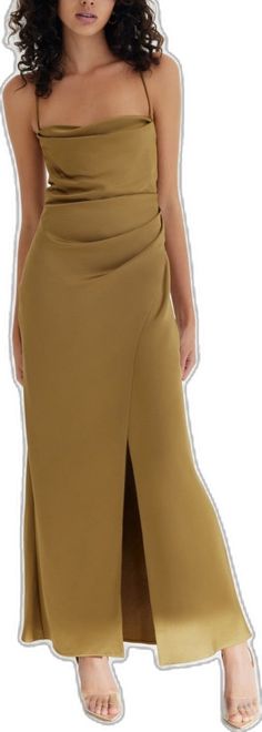 Chic Formal Midi Dress With Cowl Neck, Chic Draped Dress With Ruched Back, Chic Solid Color Draped Dress, Chic Draped Midi Dress With Ruched Bodice, Solid Color Dresses With Asymmetrical Skirt, Elegant Solid Color Draped Skirt For Spring, Elegant Draped Skirt For Spring, Elegant Solid Draped Skirt For Spring, Chic Ruched Dress With Asymmetrical Skirt