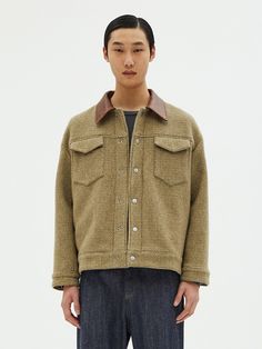 Editor's NotesANDROS’s cardigan gives casual look with wool blend fabric and oversized fit.- Oversized fit- Wool blend fabric- Snap button closure- Double chest pocket with flap- Long sleevesMeasurements(in.)M / L- Length: 27.6in. / 28.0in.- Shoulder: 24.0in. / 24.8in.- Armhole: 9.8in. / 10.6in.- Chest: 24.4in. / 26.4in.- Sleeve: 21.7in. / 22.4in.Composition & Care- 74% Wool, 12% Cotton, 5.8% Nylon, 5.5% Acrylic / Leather- Dry clean onlyDesigner- by ANDROS Khaki Cotton Button-up Denim Jacket, Khaki Double-breasted Wool Outerwear, Rugged Button-up Outerwear With Patch Pockets, Chest Pocket, Wool Blend, Casual Looks, Jackets & Coats, Wool, Mens Outfits