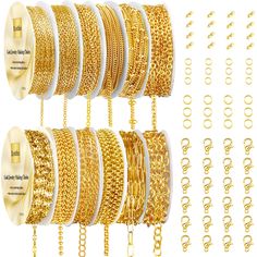 PRICES MAY VARY. Package Includes: 95.1 feet 12 rolls gold necklace chains bulk, with 100pcs 5mm jump rings,100pcs 6mm jump rings,30pcs lobster clasps for decorative chain jewelry making. Complete accessories kit can make many beautiful jewelry chains Good Quality Materials: Necklace chains are made of gold plated metal, strong and durable, corrosion resistant, dainty and shiny. Easy to Use and Store: Jewelry link chains of each style are rolled on the reel so chains won't get entangled, and you Gold Necklace Chains, Chain Necklace Diy, Jewelry Chains, Body Chain Jewelry, Gold Chain Necklace, Fashion Jewelry Necklaces, Bracelet Jewelry, Diy Necklace, Chain Pendants