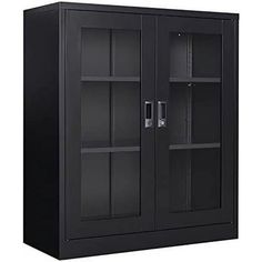 a large black cabinet with glass doors on the front and bottom shelves, in an open position