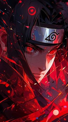 an anime character with red eyes and black hair, wearing a helmet on his head