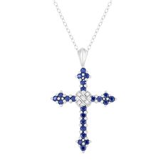 "Featuring illuminating round-cut gemstones and diamond accents, this sterling silver cross pendant offers divine style. Featuring illuminating round-cut gemstones and diamond accents, this sterling silver cross pendant offers divine style. NECKLACE DETAILS Pendant size: 1 1/16"" x 3/4"" Chain length: 18"" Chain type: cable Clasp: spring-ring Metal: sterling silver Packaging: boxed Additional details: nickel freeSTONE DETAILS Total weight: 9/10 ct. Setting: prongDIAMOND DETAILS Total weight: les Blue Cross Pendant Necklace For Anniversary, Blue Cross Jewelry For Anniversary, Blue Sterling Silver Cross Pendant Necklace, Blue Sterling Silver Crucifix Jewelry, Sterling Silver Cross Pendant, Steel Cross, Silver Cross Pendant, Symbolic Jewelry, Initial Necklace Gold