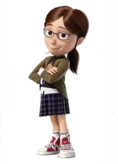 a cartoon girl with glasses and a green sweater is standing in front of a white background