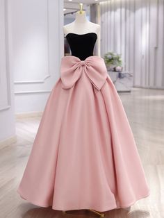 Floor-length Prom Dress With Bow, Pink A-line Maxi Dress For Banquets, Satin Bow Dress For Banquet, Pink A-line Dress With Bow, Pink Long Skirt Dress For Party, Pink Long Skirt Prom Dress, Pink Satin Full Length Dress, Pink Satin Full-length Dress, Pink Full-length Dress With Sweep Train