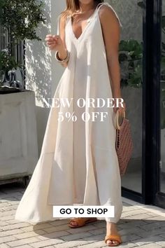 Elegant Swing Beach Solid Color Loose V-Neck Fashion Maxi Dress Solid Color V-neck Maxi Dress For Beach, Solid Color V-neck Maxi Dress For Vacation, Chic Summer Maxi V-neck Dress, Chic A-line V-neck Dress For Summer, White V-neck Maxi Dress For Summer, Non-stretch Solid Maxi Dress For Beach, Solid Non-stretch Beach Maxi Dress, Solid Non-stretch Maxi Dress For Beach, Casual Solid Color Beach Sundress