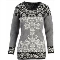 Nwt Colour Works Knit Damask Sweater Black Gray Size Small Wool Blend. Keep Cozy In Style With This Sweater Boasting A Sophisticated Tonal Pattern. A Whisper Of Wool Provides Extra Warmth. Size S: Pit To Pit 18” / 28'' Long From High Point Of Shoulder To Hem 57% Nylon / 38% Acrylic / 5% Wool Hand Wash; Dry Flat Imported Grey Sweater Dress, Knit Tunic, One Moment, Knitting Women, High Point, White Outfits, Sweater Black, Styling Tools, Sweater Shop