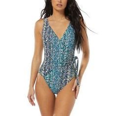 Nwt Vince Camuto Surplice-Neck Wrap-Tie One-Piece Swimsuit Blue 6 Spring V-neck Swimwear With Tie Waist, Blue Summer Swimwear With Tie Waist, Blue Tie Waist Swimwear For Summer, Blue Tie Waist Summer Swimwear, Blue Printed V-neck Swimwear, Chic Blue Swimwear With Tie Back, Elegant Blue Printed Swimwear, V-neck Swimwear With Tie Waist For Spring, Swimsuit Blue