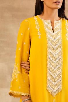 Shop for Sana Barreja Yellow Georgette Embroidered Kurta And Dhoti Pant Set for Women Online at Aza Fashions Tulip Pants, Kurti Style, Dhoti Pants, Indian Attire, Embroidered Tunic, Yellow Shorts, Pant Set, Designer Wear, Set For Women