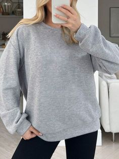 Women's Solid Color Round Neck Drop Shoulder Casual Sweatshirt Grey Casual  Long Sleeve Fabric Plain Pullovers Slight Stretch Fall/Winter Women Clothing, size features are:Bust: ,Length: ,Sleeve Length: Women Sweatshirts, School Fits, Kids Sleepwear, Drawstring Pants, Casual Sweatshirt, Grey Sweatshirt, Winter Women, Drop Shoulder, All Fashion