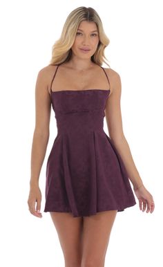 Jacquard Fit and Flare Dress in Purple | LUCY IN THE SKY Dark Purple Hoco Dress, Dark Purple Homecoming Dress, Purple Hoco Dress, Purple Hoco Dresses, Dress Short Tight, Cotillion Dresses, Flare Dress Casual, Dark Purple Dresses, Purple Homecoming Dress