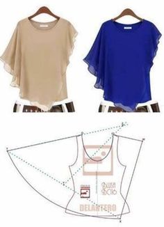 two blouses with ruffle sleeves are shown in three different colors, one blue and one beige