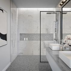 a bathroom with two sinks and a large painting on the wall next to the bathtub