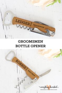 two bottle openers with names on them sitting next to each other in front of flowers