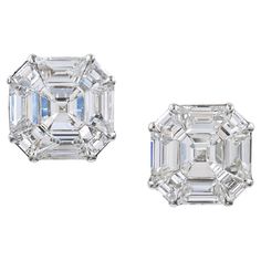 These Spectra Fine Jewelry Illusion Asscher-shape Diamond Stud Earrings, made in the 21st century, suggest something much larger. Crafted in 18K white gold, the pair of earrings has an estimated diamond-carat weight of 10.74. The arresting pair has a look equivalent to colossal square emerald-cut diamond studs. Still, in fact, each is comprised of nine pie-cut diamonds, weighing an approximate total of 5.37 carats apiece. The earrings are designed for pierced ears and outfitted with posts and locking backs. Rounding out the rather spectacular diamond offering, each backing is decorated with a halo of sparkling round brilliant-cut diamonds, a lovely detail reserved for the wearer that will make putting on the earrings extra special every time. It is difficult to see that these significant s Fine Jewelry Asscher Cut Diamond Earrings For Wedding, Asscher Cut Diamond Accented Earrings In Fine Jewelry Style, Luxury Asscher Cut Single Diamond Earrings, Asscher Cut Diamond Fine Jewelry Earrings, Elegant Asscher Cut Diamond Earrings, Diamond Stud Earrings, Diamond Stud, Diamond Carat, Emerald Cut Diamonds