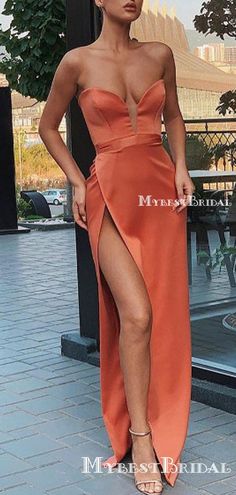 Sheath/Column Sweetheart Orange Satin High Split Long Cheap Evening Dr – mybestbridal Elegant Evening Dress, Full Maxi Skirt, Custom Prom Dress, Orange Satin, Cheap Evening Dresses, Strapless Sweetheart Neckline, Prom Dresses Sleeveless, Party Gown, Prom Outfits