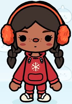 a cartoon girl with headphones standing in front of snow covered ground and wearing an orange outfit