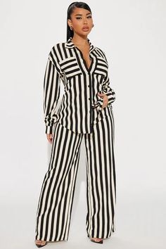 Wide Leg Pants Outfits, Leg Pants Outfit, Two Piece Pants Set, Top And Pants Set, Blouse Pants, High Waist Fashion, Casual Stripes, Collar Blouse, Pant Set