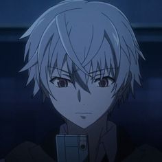 an anime character holding a cell phone in front of his face and looking at the camera