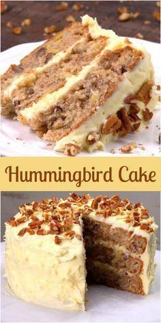 two pictures with different types of cake on them and the words hummingbird cake below