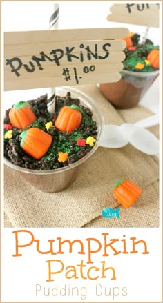 pumpkin patch pudding in a cup on a burlap tablecloth with wooden sign saying pumpkin patch