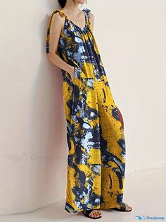 Orcajump - Graphic Print Lace Up Jumpsuit, Casual Sleeveless Wide Leg Jumpsuit, Women's Clothing Casual Yellow Overalls For Summer, Casual Yellow Summer Overalls, Sleeveless Yellow Jumpsuits And Rompers For Spring, Yellow Sleeveless Jumpsuits For Spring, Casual Yellow Printed Jumpsuits And Rompers, Yellow Stretch Jumpsuit For Beach, Casual Multicolor Halter Neck Jumpsuit, Yellow Stretch Jumpsuits And Rompers For Summer, Casual Multicolor Halter Neck Jumpsuits And Rompers