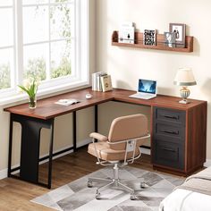 a corner desk with a chair and laptop on it in front of a large window