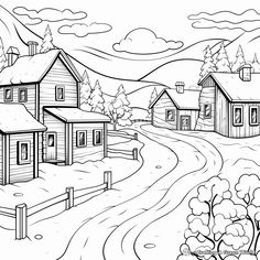 a black and white drawing of houses in the country