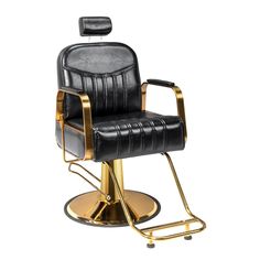 a black and gold barber chair on a white background