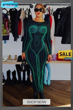 Spring Summer Women's Fashion Print Sexy Low Back Cutout Long Sleeve Bodycon Dress Green Bodycon Dress For Party Season, Fitted Green Bodycon Dress For Party Season, Green Fitted Bodycon Dress For Party Season, Trendy Green Bodycon Dress For Date Night, Trendy Green Bodycon Dress, Slim Fit Bodycon Dress For Club, Trendy Bodycon Dress For Evening, Trendy Green Bodycon Dress For Club, Trendy Bodycon Dress For Club