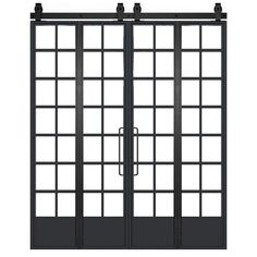 an open glass sliding door with metal bars on the sides and black frame, isolated against a white background