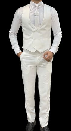 Men's Premium White 3 Piece Suit Groom's Wedding Suit Formal Suit for Him. - Etsy White Sleeveless Formal Suit, Tailored Sleeveless Suit For Wedding, Tailored Sleeveless Wedding Suits, Tailored Sleeveless Three-piece Suit For Wedding, White Fitted Three-piece Suit For Party, Fitted White Three-piece Suit For Party, White Sleeveless Suit For Wedding, White Slim Fit Classic Sets, White Classic Slim Fit Sets