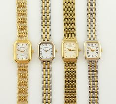 Collection of Vintage Women's Watches 1 Sekonda  A classic gold-tone watch featuring a rectangular case and a champagne-colored metallic dial. The mesh-style metal bracelet adds a touch of elegance. Dimensions: Bracelet Length: up to 17.8 cm (7 inches) - adjustable Case Width: 1.8 cm (0.7 inches) Case Length: 2.3 cm (0.9 inches) Bracelet Width: 1 cm (0.4 inches) Condition: The watch is in good condition with minor wear. Details in the photo. 2 Lorus  A two-tone watch with an octagonal silver-tone case and a white dial with Roman numerals. The metal bracelet is also two-tone, giving it a sleek, minimalist look. It is waterproof, adding practicality to its style. Dimensions: Bracelet Length: up to 15.9 cm (6.3 inches) - adjustable Case Width: 1.7 cm (0.7 inches) Case Length: 2 cm (0.8 inches Two Tone Watches Women, Vintage Watches Women, Toned Women, Citizen Watch, Waterproof Watch, Classic Metal, Women's Watches, Two Tone Watch, Classic Gold