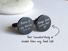 "*THIS IS A BLANK CUFF LINKS. IT DOES NOT COME WITH ANY LOGOS -Please leave a note specifying your message and logo. You can choose any logos you want or font from my fonts list -If you do not leave the note specify the font type, I will use font #1, 10 or 13 from my fonts list. Stainless steel cuff links measuring 5/8 inch each are engraved with the handwriting or any symbol of your choice. Choose circle or square. This unique cuff links would make a great gift or special occasion accessory in Black Cufflinks For Wedding And Father's Day, Personalized Adjustable Cufflinks For Father's Day, Father's Day Personalized Cufflinks, Gold Cufflinks Groom, Rose Gold Cufflinks, Wedding Cufflinks Groom, Custom Cufflinks, Personalized Cufflinks, Gold Cufflinks