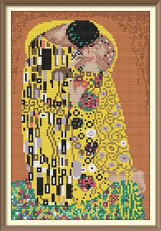 a cross stitch picture of a woman in a yellow dress with her hands on her head