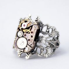 Women Steampunk Intricate Ring Is Made With An Exceptional Rectangular Vintage Swiss Seventeen Ruby Jeweled Watch Movement Clock Ring, Steampunk Ring, Strawberry Ring, Women Steampunk, Vintage Turquoise Ring, Abalone Ring, Intricate Rings, Silver Eternity Ring, Violet Brown