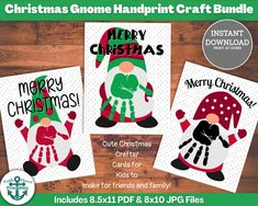 three christmas gnomes with merry christmas cards