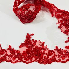 Beaded Red Lace With Intricate Embroidery Fabric, Red Lace Fabric With Intricate Embroidery, Red Intricate Embroidered Lace Fabric, Elegant Embellished Red Embroidered Fabric, Elegant Red Embellished Embroidered Fabric, Organza Lace, Dress Trims, Corded Lace, Lace Evening Dresses