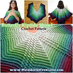 a woman wearing a green and blue crochet shawl with the words butterfly ripple shawl on it