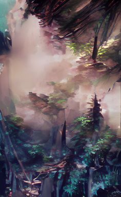 digital painting of trees and fog in the woods