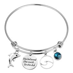 PRICES MAY VARY. Dolphin Bracelet - She Believed She Could So She Did. Measurement: bangle diameter: 6.5 cm (2.56") diameter.This adjustable wire bracelet fits from 7" to 8.5" wrists. TIPS: manual measuring permissible error. Material – High Quality Stainless Steel; Hypoallergenic and allergy free, a simple and decent accessory would match your outfit perfectly. Perfect inspirational gift for Dolphin fans. This items will come to you nicely packed in a velvet bag, which is strictly protected fro Stainless Steel Charm Bracelet For Friendship, Stainless Steel Round Charm Bracelet For Friendship, Friendship Stainless Steel Charm Bracelet, Round Metal Charm Bracelet Gift, Inspirational Round Bracelets As Gift, Personalized Metal Bangle As A Gift, Personalized Metal Bangle Perfect For Gifts, Personalized Metal Bangle As Gift, Adjustable Wire Bracelet