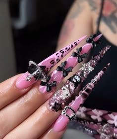 Bling Junk Nails, Emo Stiletto Nails, Pink Bling Acrylic Nails Rhinestones, Junk Stiletto Nails, Xl Junk Nails, Hot Pink Junk Nails, Pink Gothic Nails, Stiletto Junk Nails, Stiletto Nails Y2k