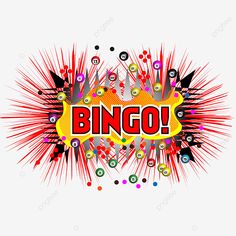 the word bingo surrounded by colorful sprinkles and dots on a white background